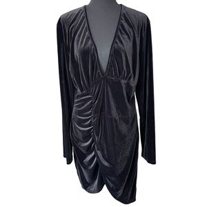 Black Velvet Long Sleeve Mini Dress XL Ruched Bodycon Goth Witchy Party Elvira